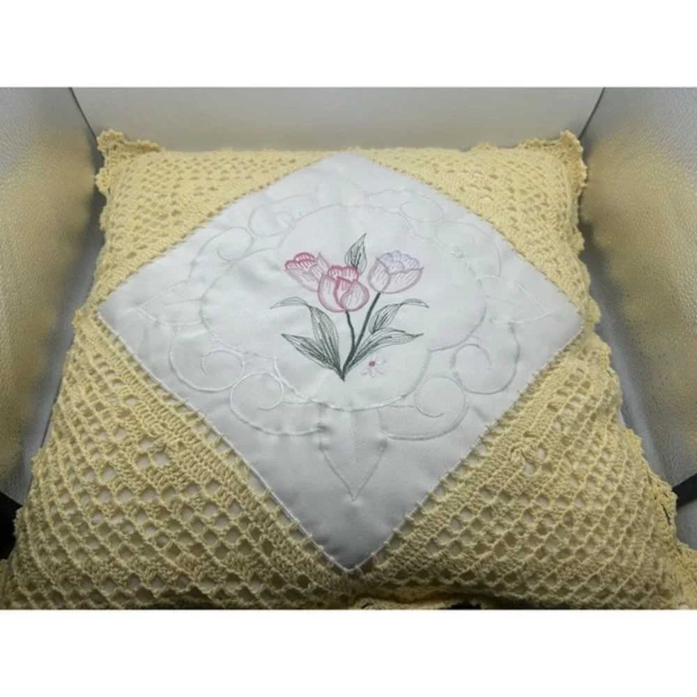 2-PC Vintage Crocheted Embroidered Handmade Pillows Flower Design Blue &‎ Yellow
